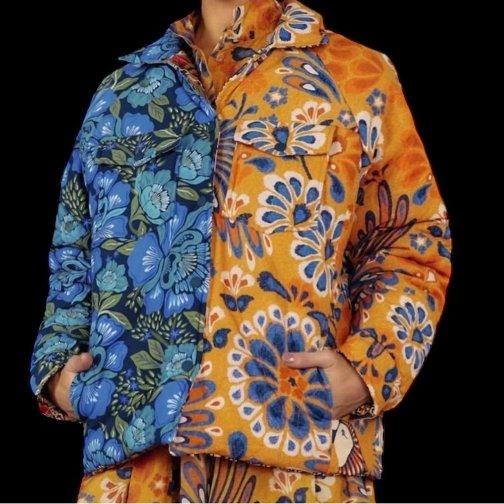 FARM Rio Reversible Yawanawa Blue and Orange Floral Women's Puffer Jacket